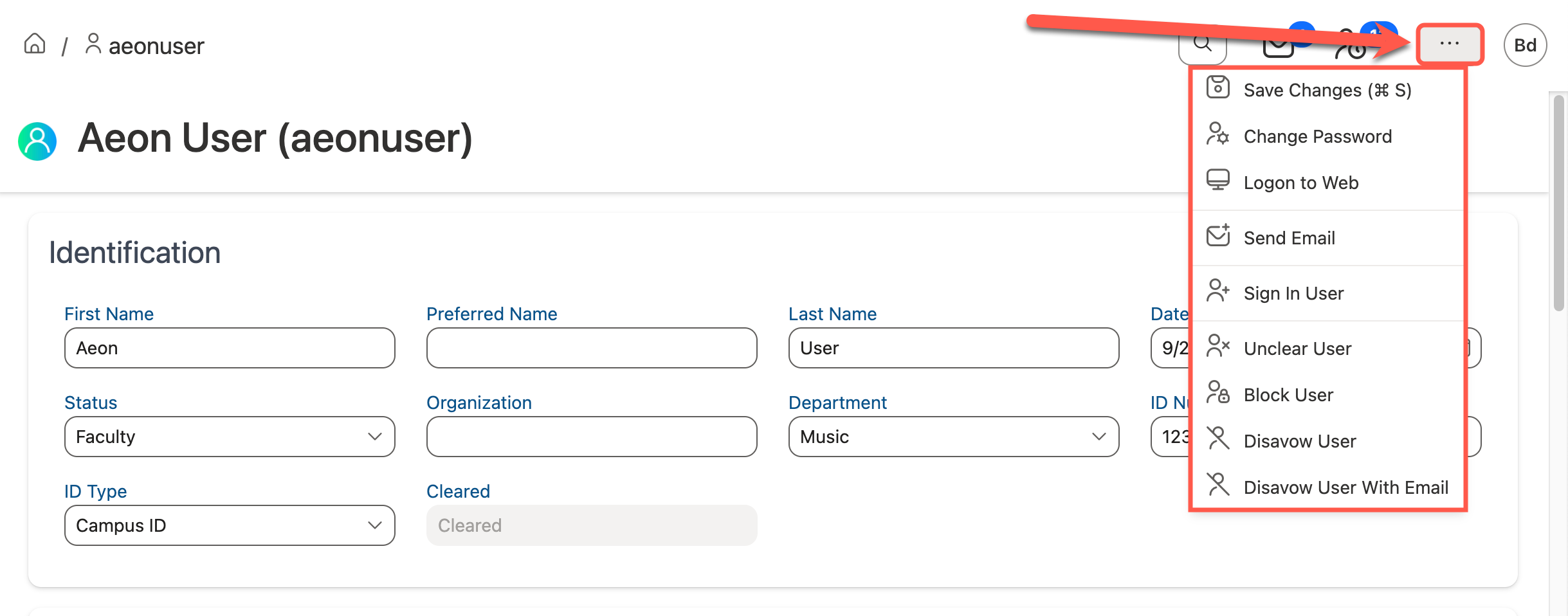 Action Menu expanded on the user information page